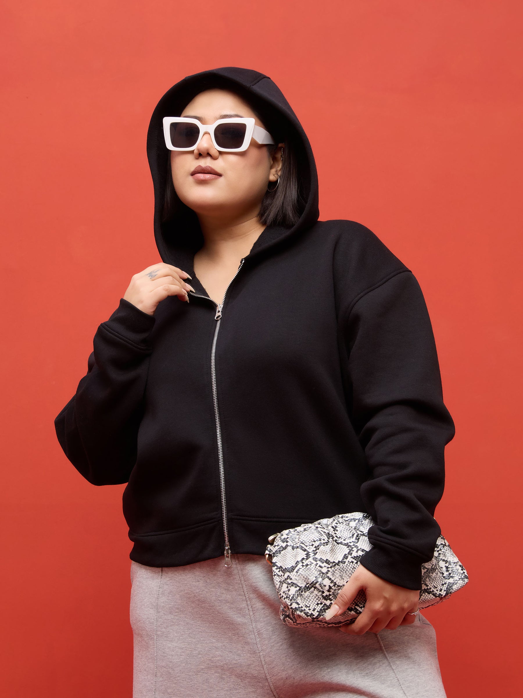 Black Fleece Double Sided Zipper Hoodie Jacket-SASSAFRAS Curve