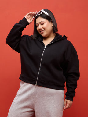 Black Fleece Double Sided Zipper Hoodie Jacket-SASSAFRAS Curve