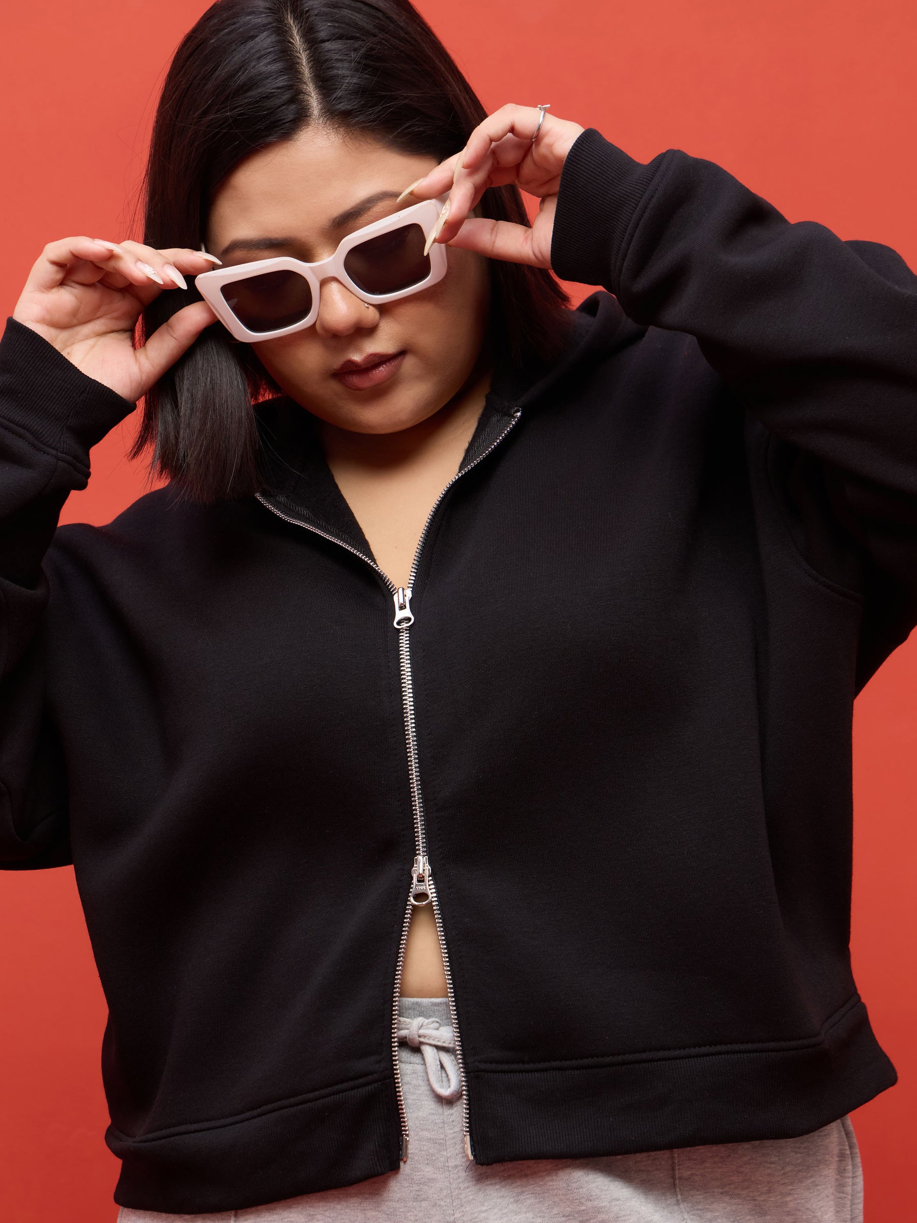 Black Fleece Double Sided Zipper Hoodie Jacket-SASSAFRAS Curve