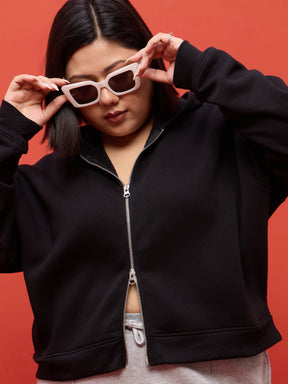 Black Fleece Double Sided Zipper Hoodie Jacket-SASSAFRAS Curve