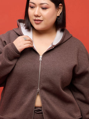 Brown Melange Fleece Double Sided Zipper Hoodie Jacket-SASSAFRAS Curve