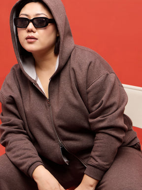 Brown Melange Fleece Double Sided Zipper Hoodie Jacket-SASSAFRAS Curve