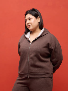Brown Melange Fleece Double Sided Zipper Hoodie Jacket-SASSAFRAS Curve