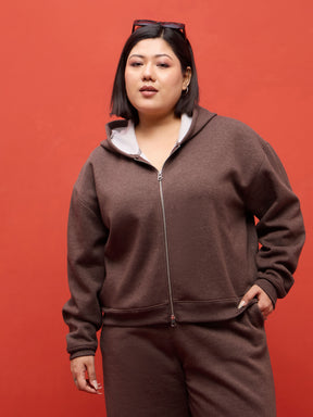 Brown Melange Fleece Double Sided Zipper Hoodie Jacket-SASSAFRAS Curve