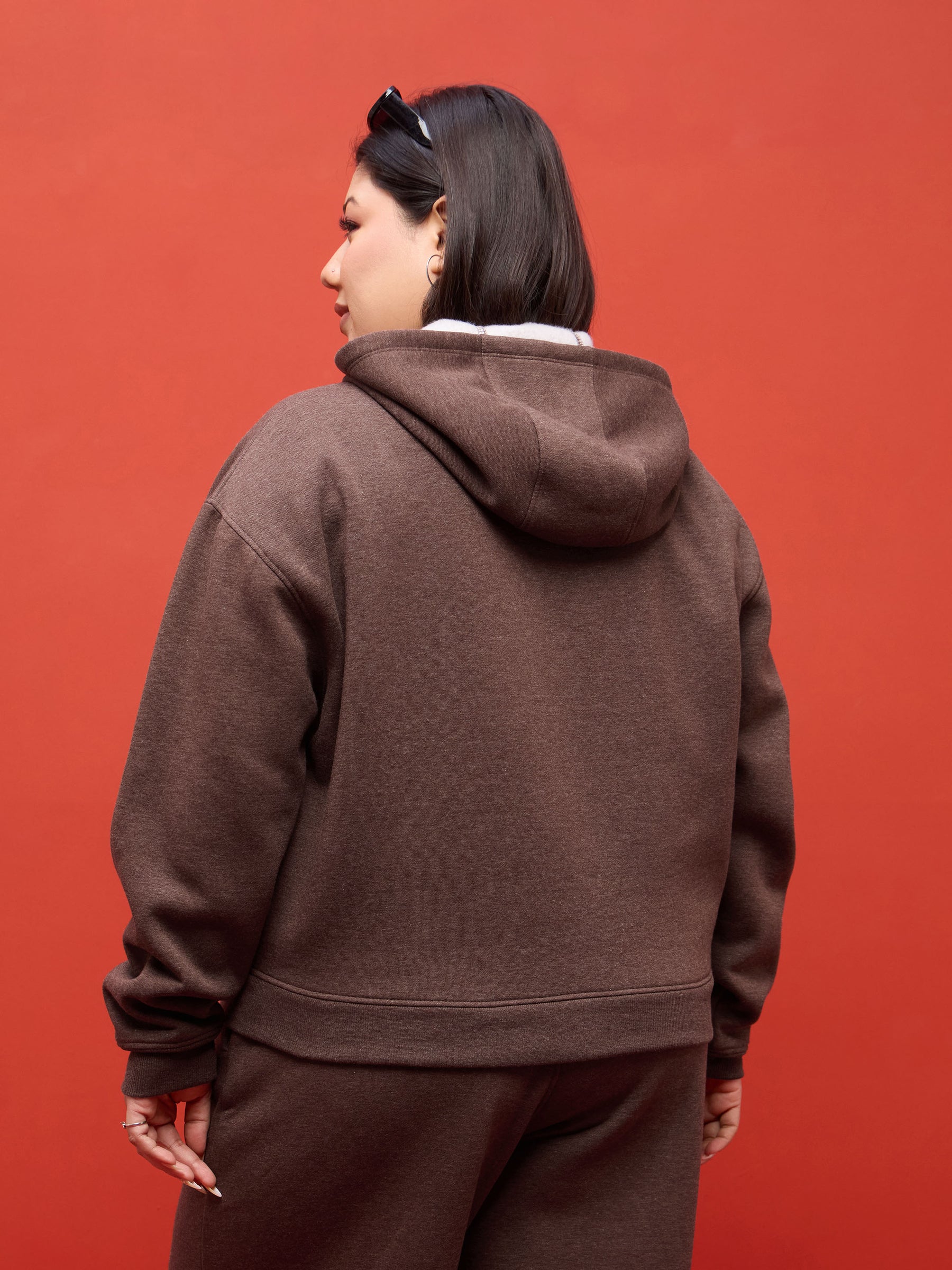 Brown Melange Fleece Double Sided Zipper Hoodie Jacket-SASSAFRAS Curve