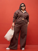 Brown Melange Fleece Hoodie Jacket With Track Pants-SASSAFRAS Curve