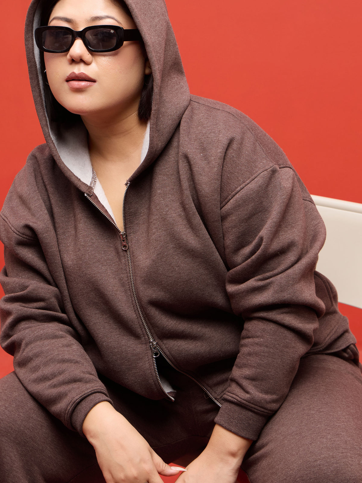 Brown Melange Fleece Hoodie Jacket With Track Pants-SASSAFRAS Curve