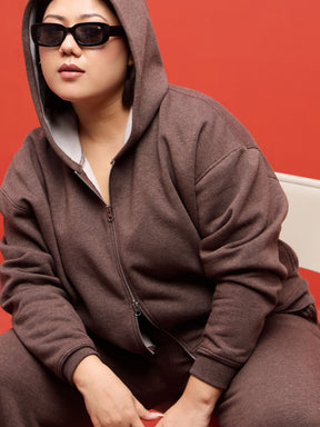 Brown Melange Fleece Hoodie Jacket With Track Pants-SASSAFRAS Curve