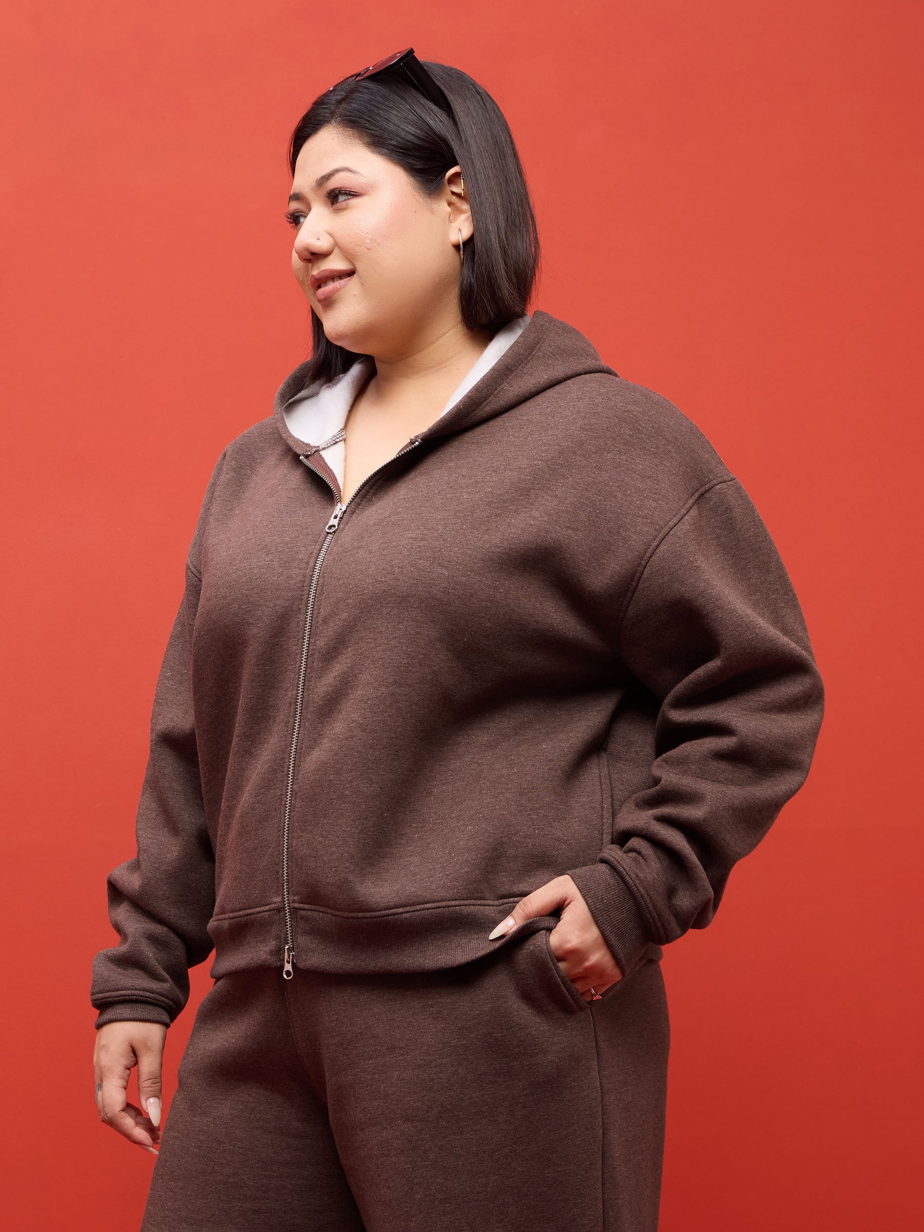 Brown Melange Fleece Hoodie Jacket With Track Pants-SASSAFRAS Curve
