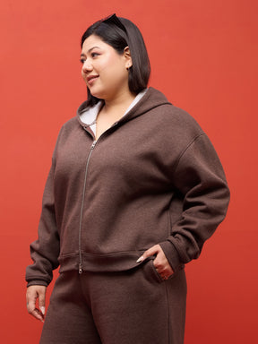 Brown Melange Fleece Hoodie Jacket With Track Pants-SASSAFRAS Curve