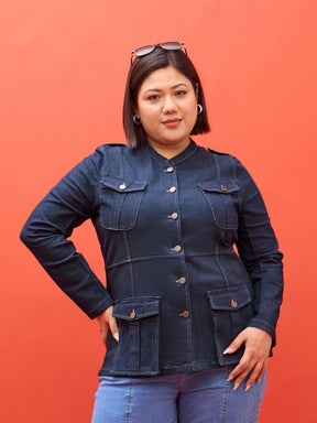 Navy Utility Pocket Denim Jacket -SASSAFRAS Curve