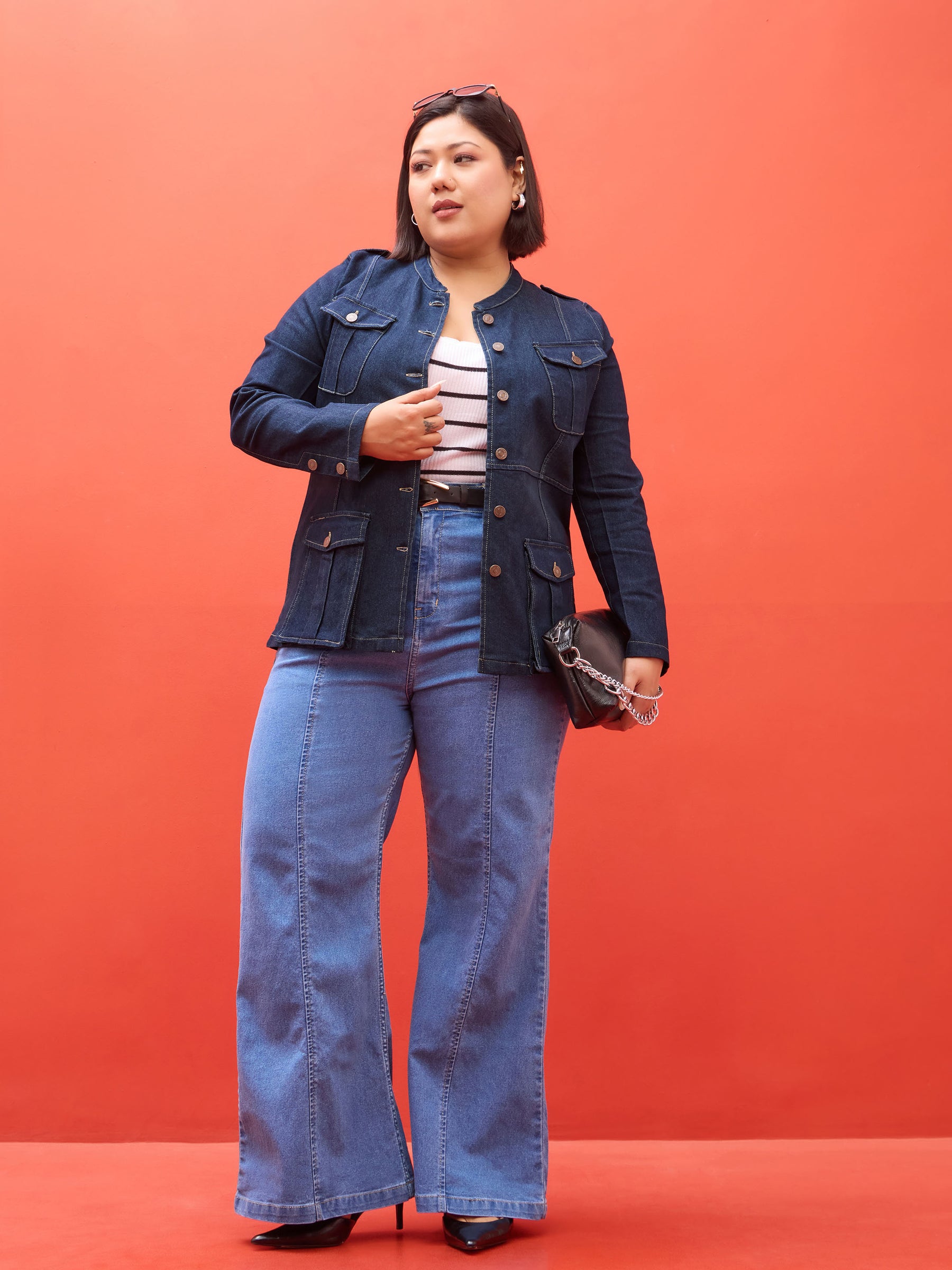 Navy Utility Pocket Denim Jacket -SASSAFRAS Curve