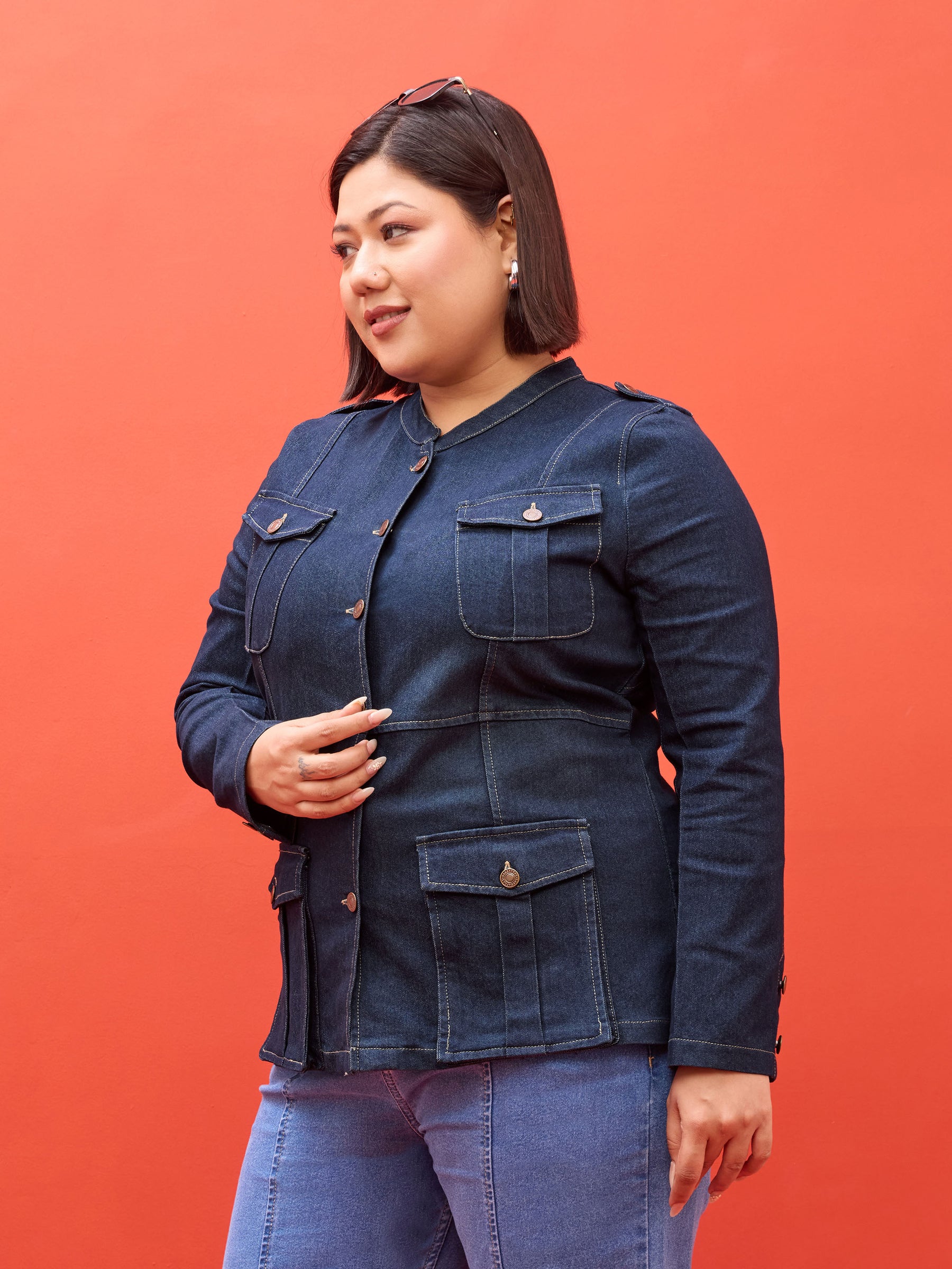 Navy Utility Pocket Denim Jacket -SASSAFRAS Curve