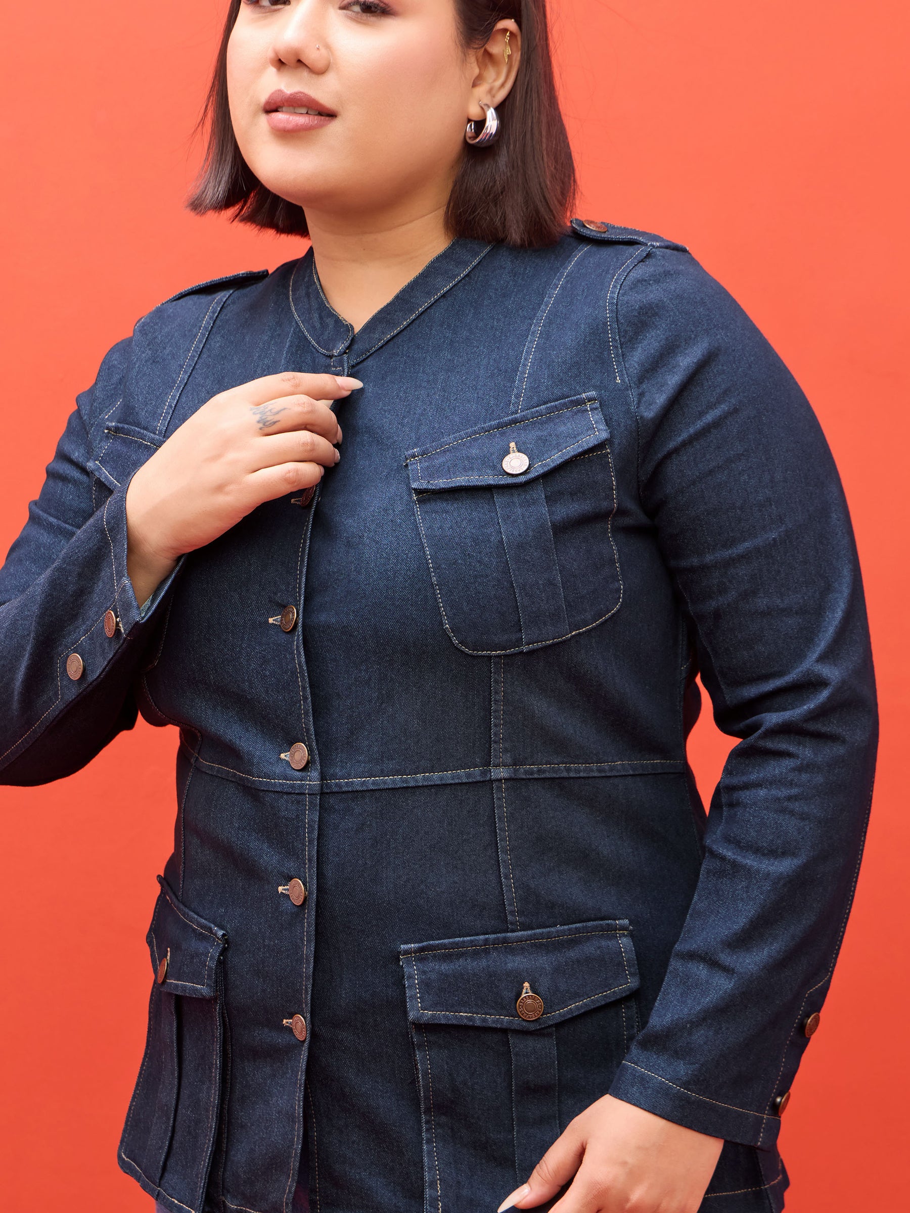 Navy Utility Pocket Denim Jacket -SASSAFRAS Curve