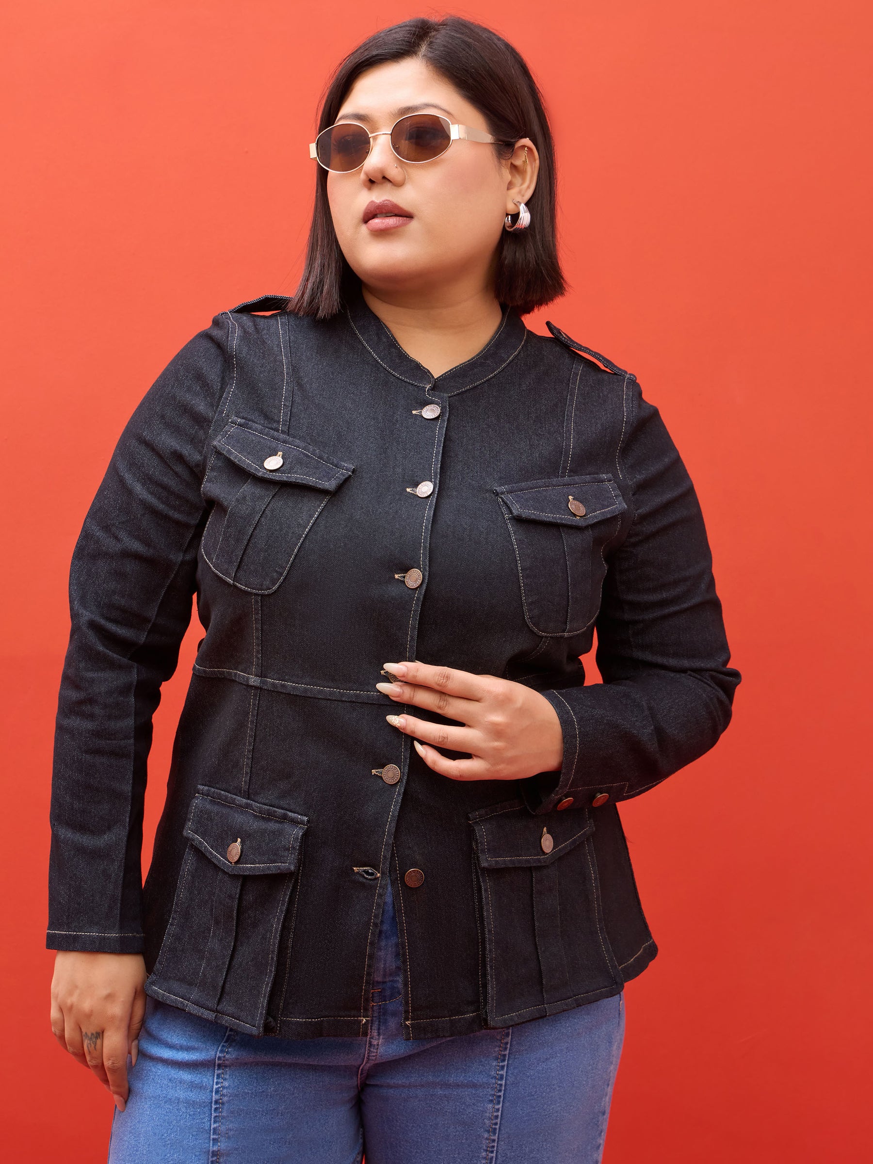 Black Blast Utility Pocket Denim Jacket-SASSAFRAS Curve