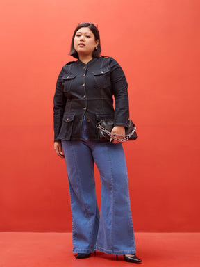Black Blast Utility Pocket Denim Jacket-SASSAFRAS Curve