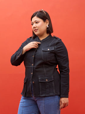 Black Blast Utility Pocket Denim Jacket-SASSAFRAS Curve