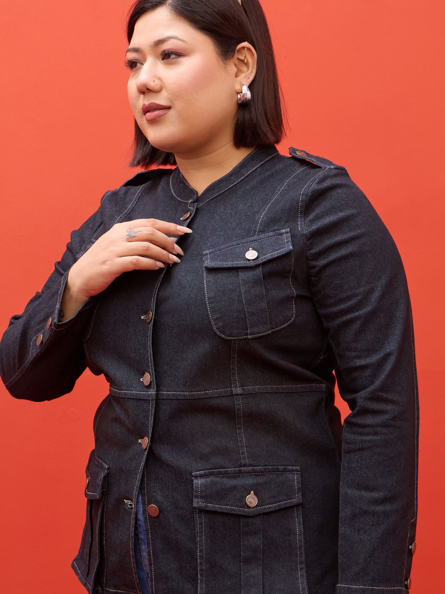 Black Blast Utility Pocket Denim Jacket-SASSAFRAS Curve