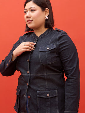 Black Blast Utility Pocket Denim Jacket-SASSAFRAS Curve