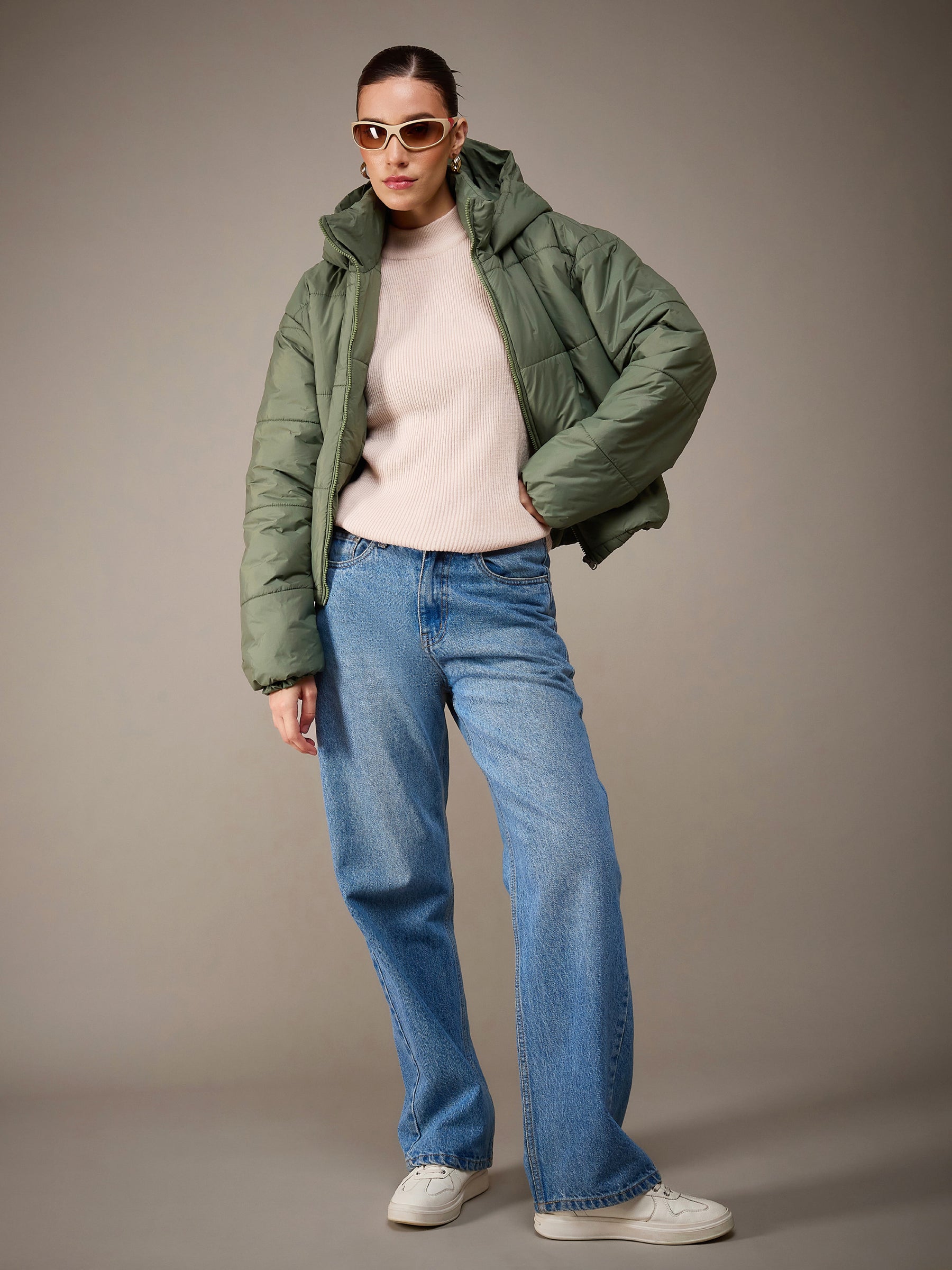 Olive Green Hooded Horizontal Quilt Puffer Jacket-SASSAFRAS