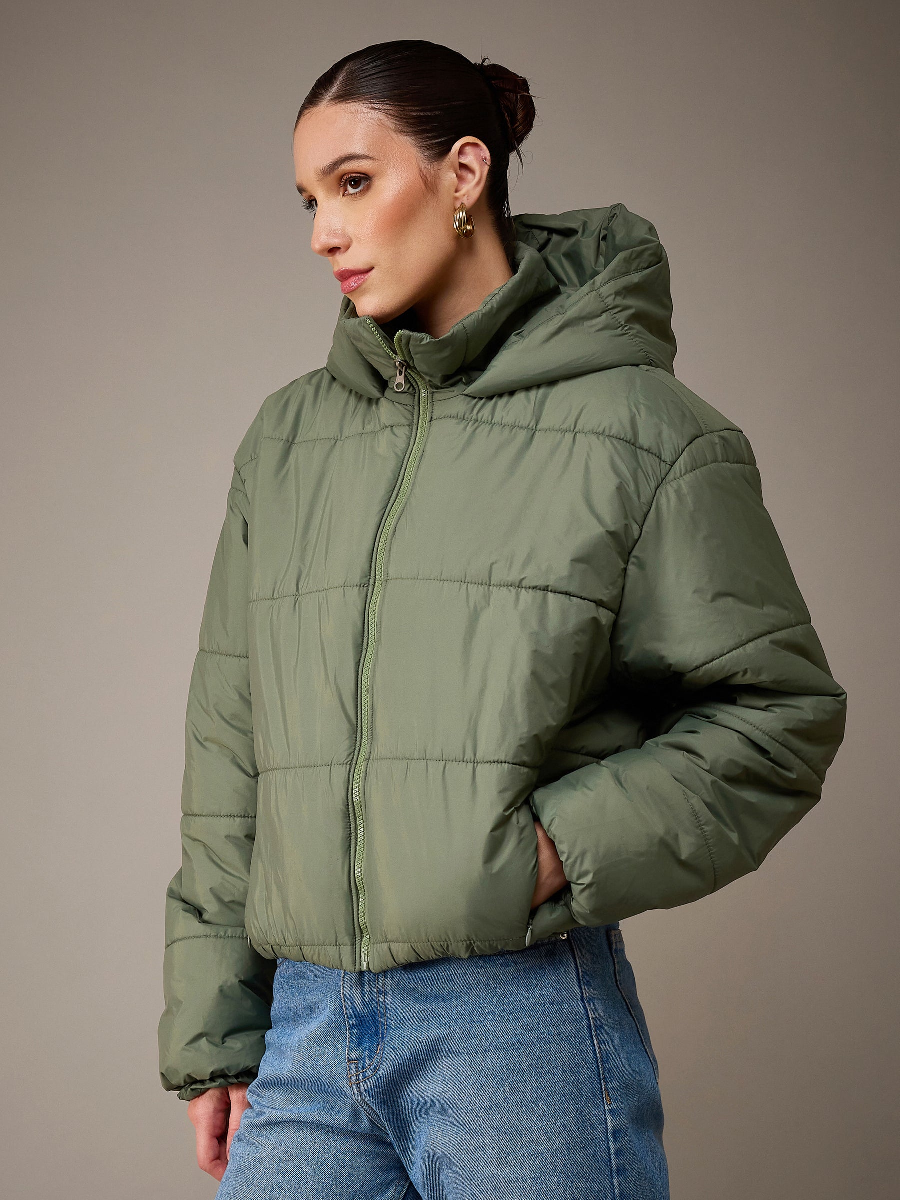 Olive Green Hooded Horizontal Quilt Puffer Jacket-SASSAFRAS