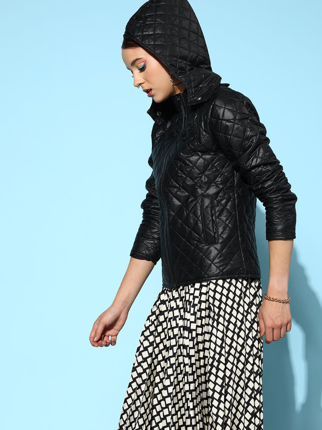 Black Quilted Hooded Puffer Jacket-SASSAFRAS