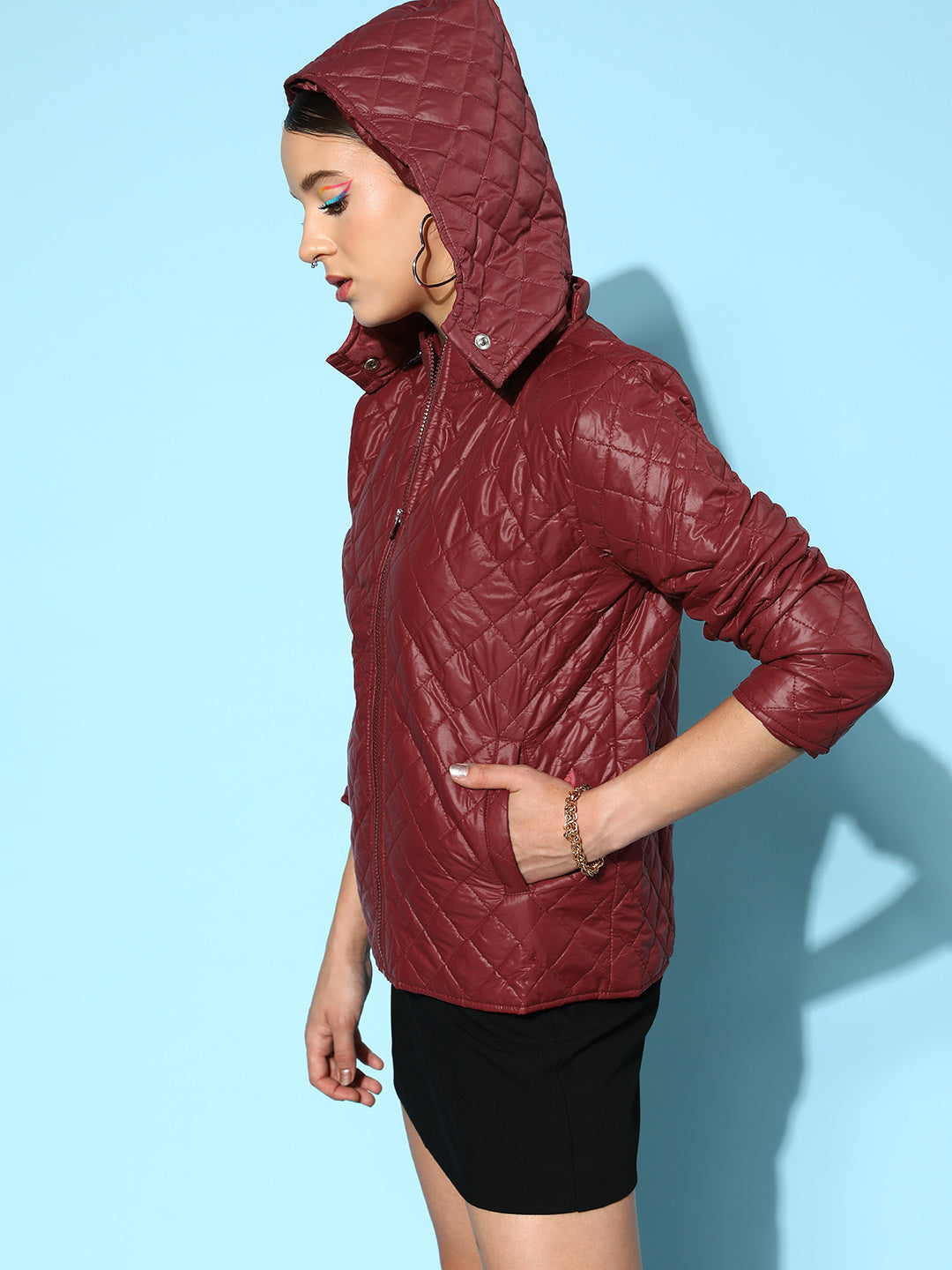 Burgundy Quilted Hooded Puffer Jacket-SASSAFRAS