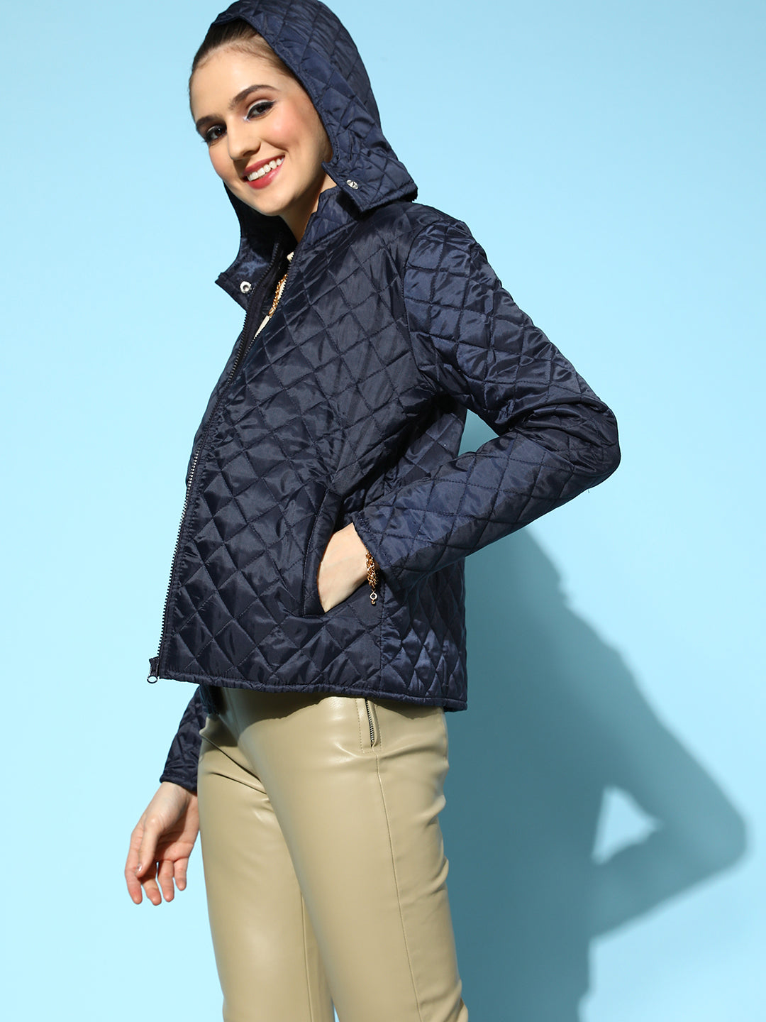 Navy Quilted Hooded Puffer Jacket-SASSAFRAS