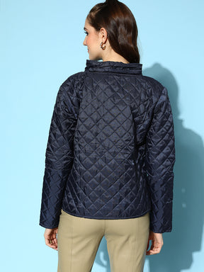 Navy Quilted Hooded Puffer Jacket-SASSAFRAS