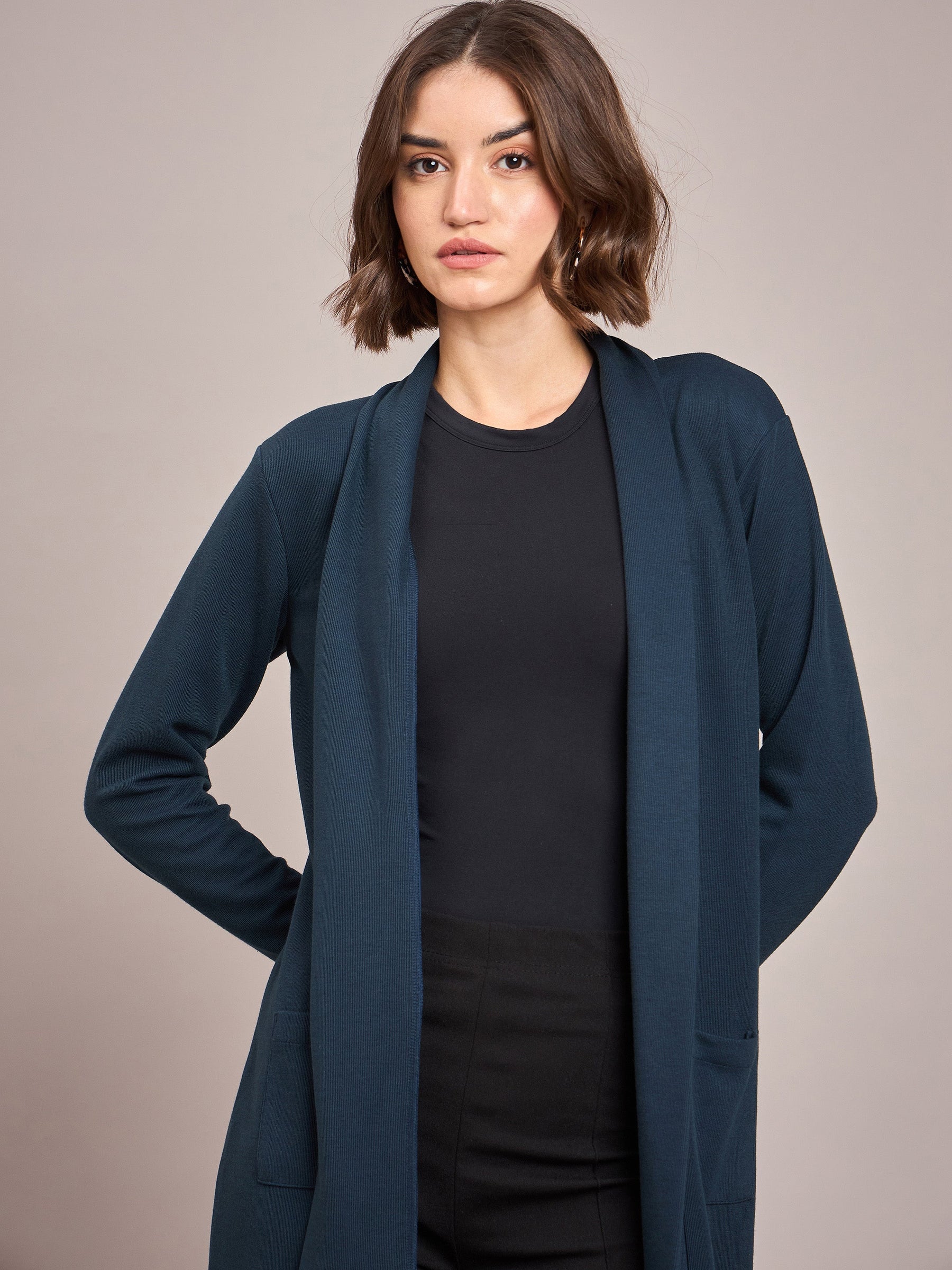 Teal Rib Longline Shrug-SASSAFRAS