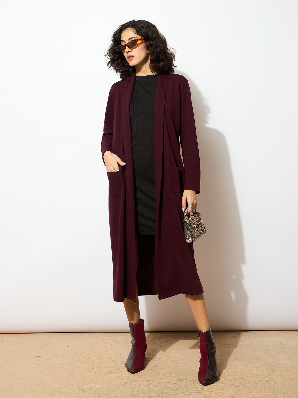 Burgundy Rib Longline Shrug-SASSAFRAS