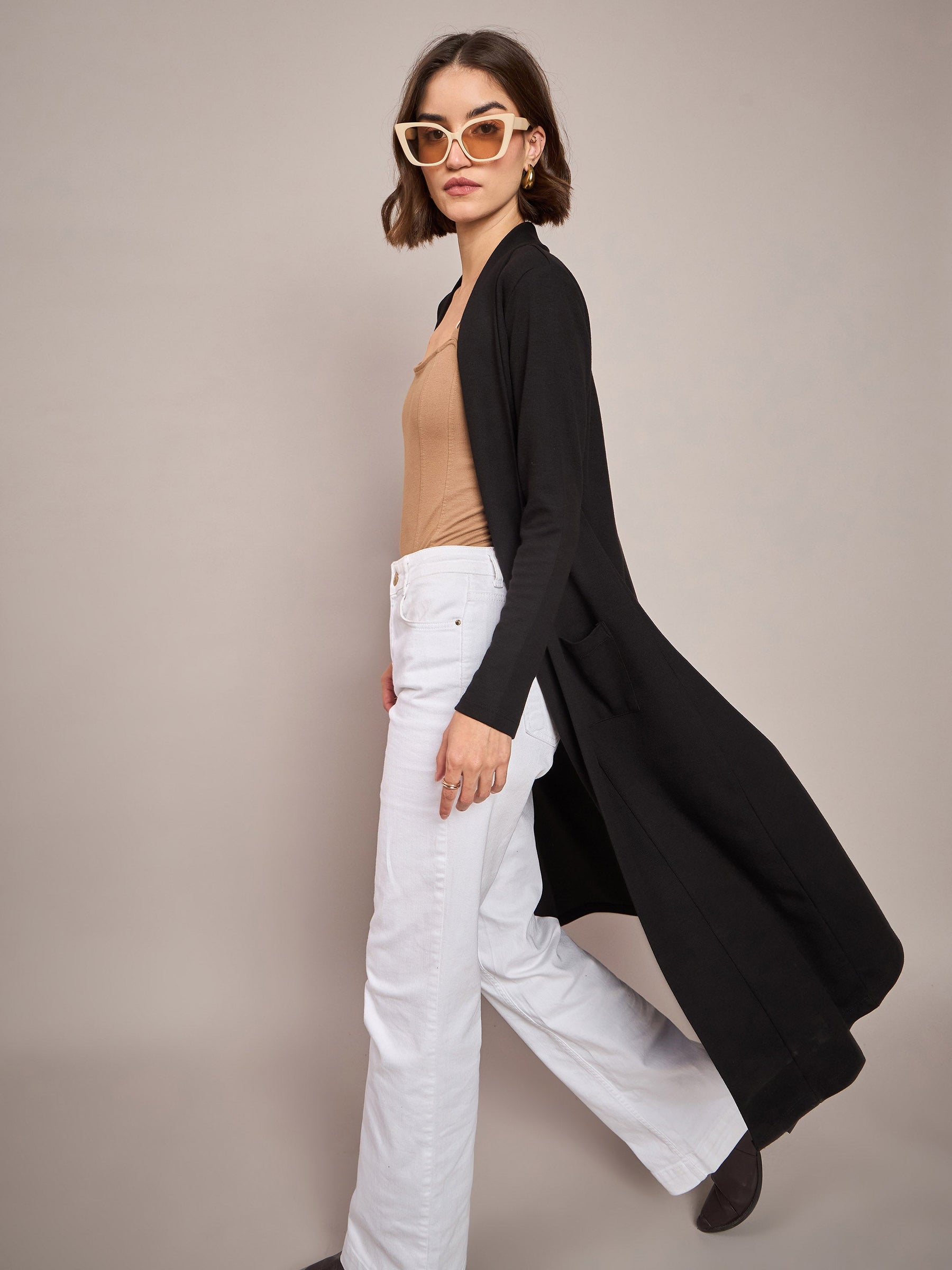 Women Black Rib Longline Shrug - Main Image