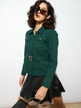 Emerald Green Denim Belted Jacket-SASSAFRAS