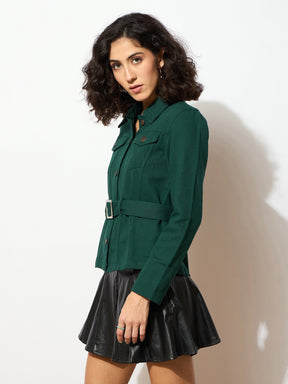 Emerald Green Denim Belted Jacket-SASSAFRAS