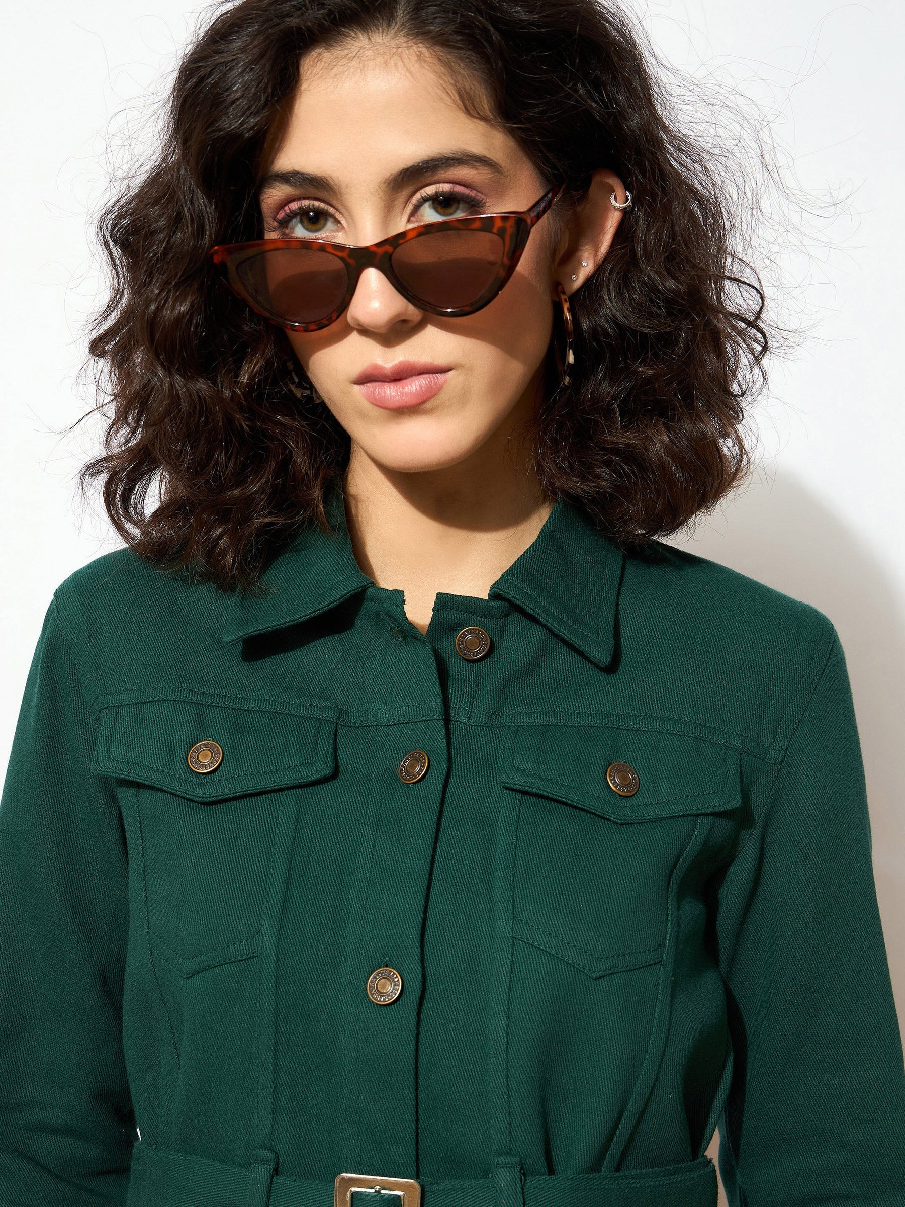 Emerald Green Denim Belted Jacket-SASSAFRAS