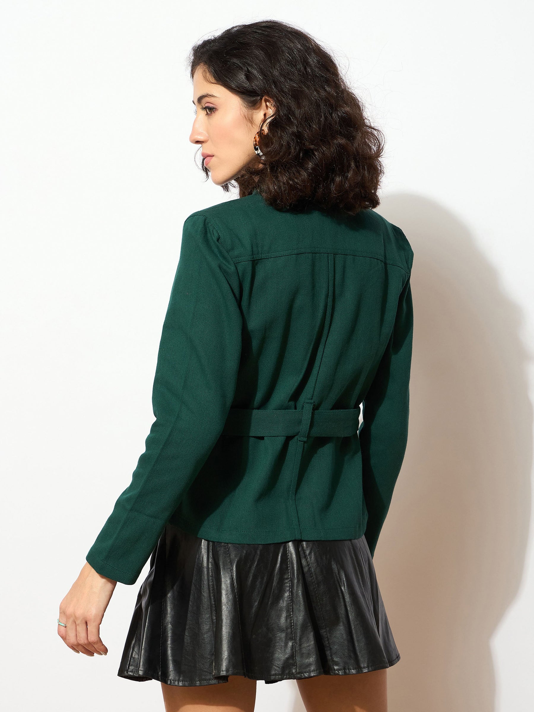 Emerald Green Denim Belted Jacket-SASSAFRAS