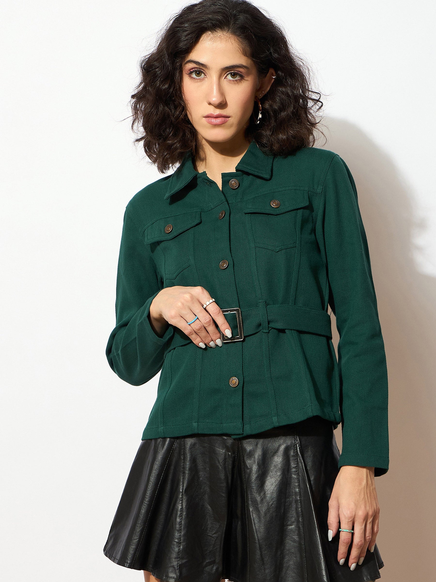 Emerald Green Denim Belted Jacket-SASSAFRAS