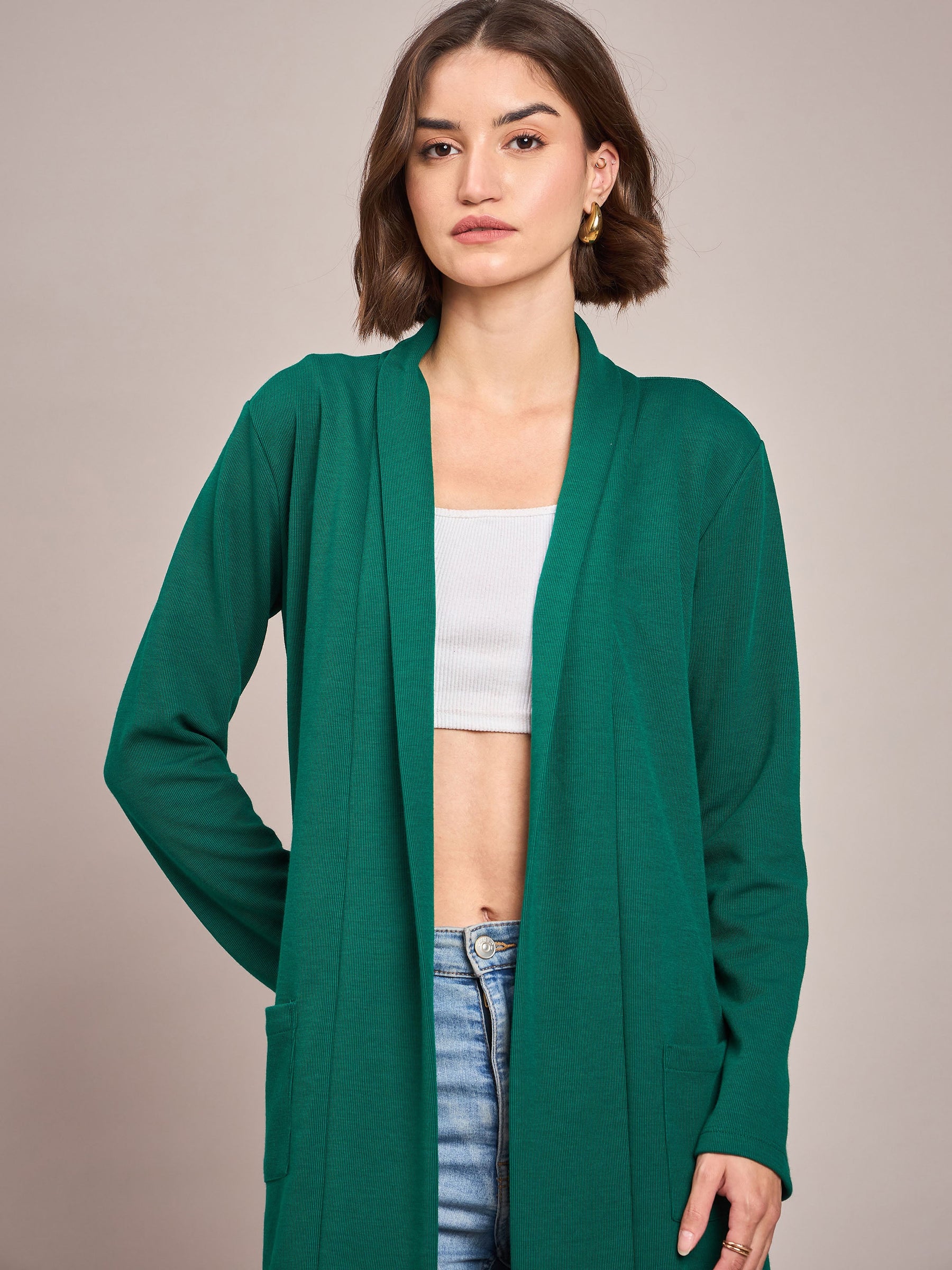 Emerald Rib Front Open Longline Shrug-SASSAFRAS