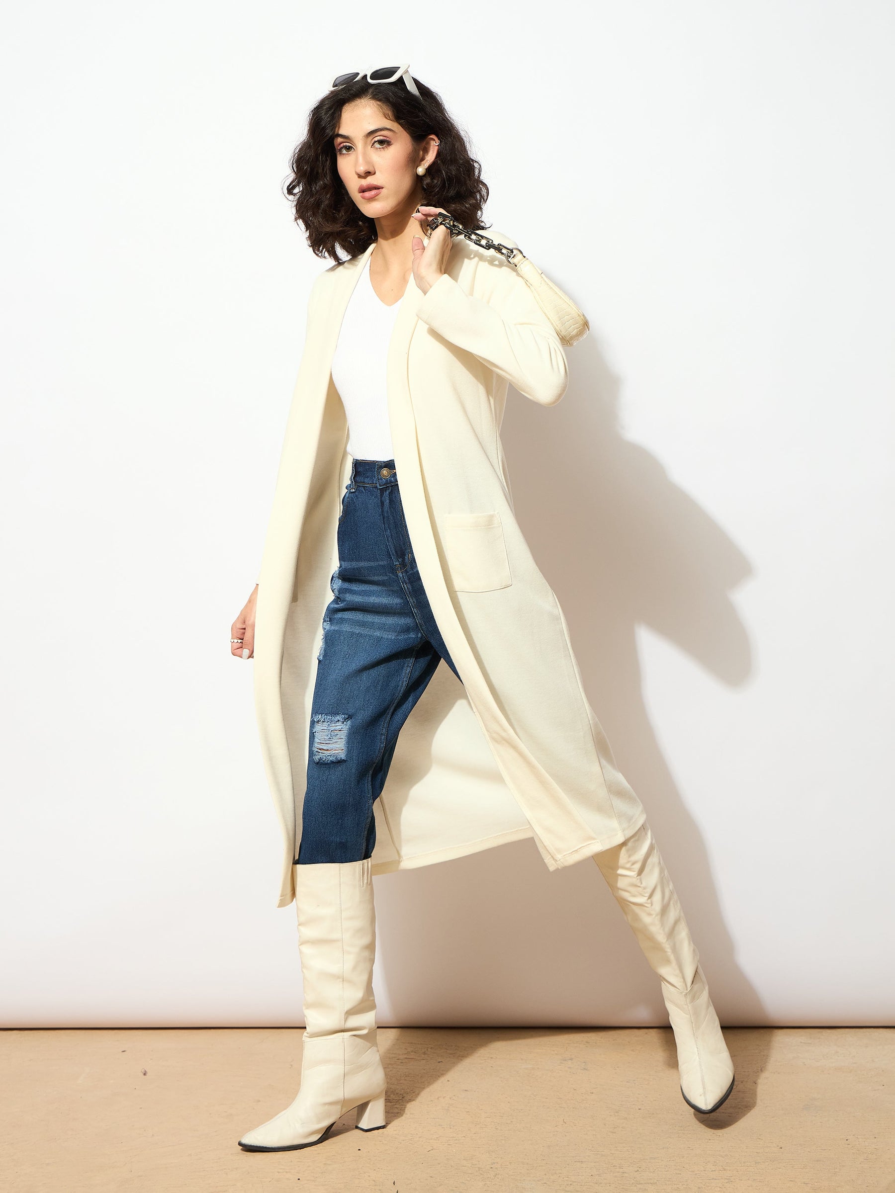 Off White Rib Front Open Longline Shrug-SASSAFRAS