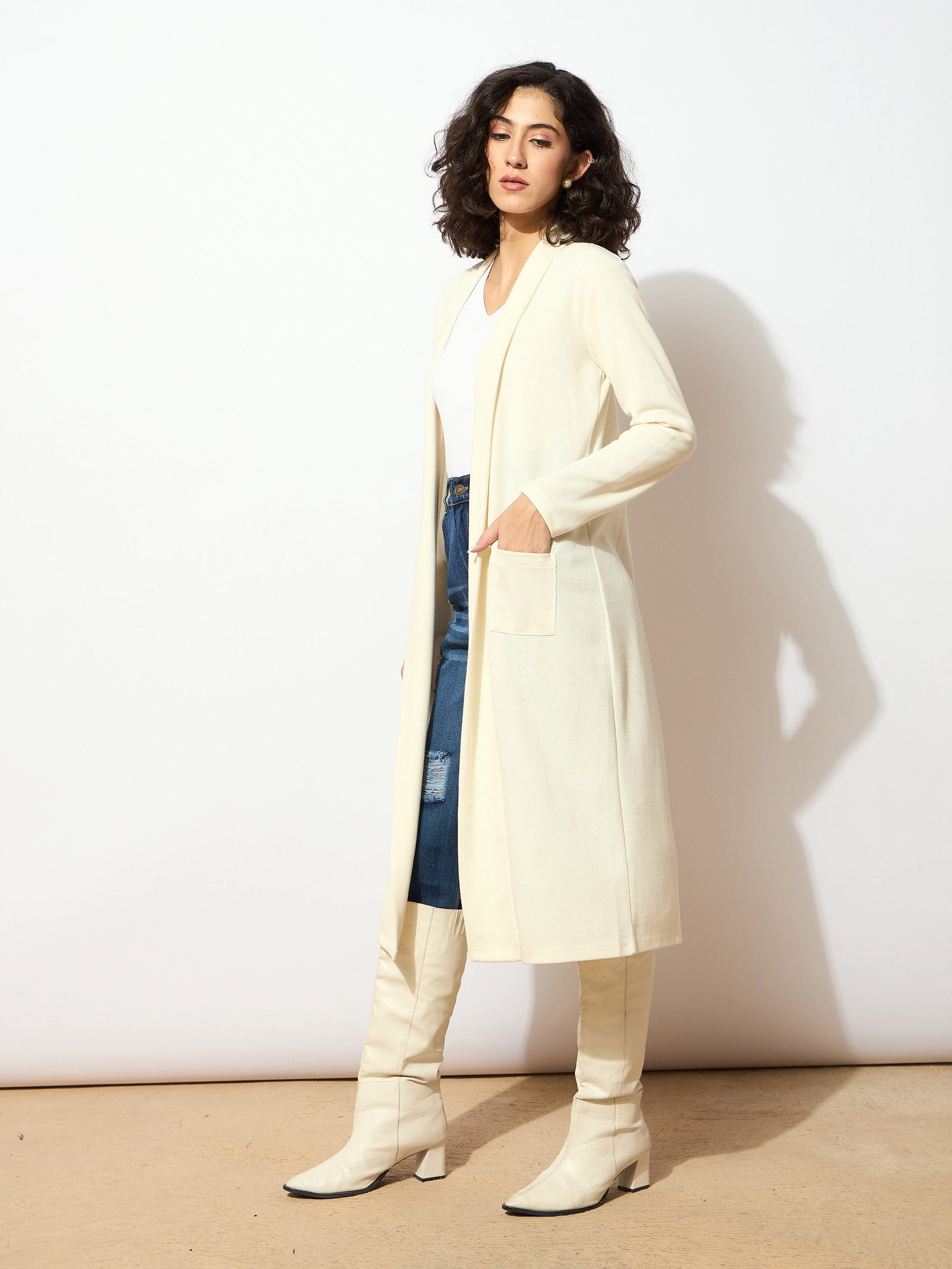 Off White Rib Front Open Longline Shrug-SASSAFRAS