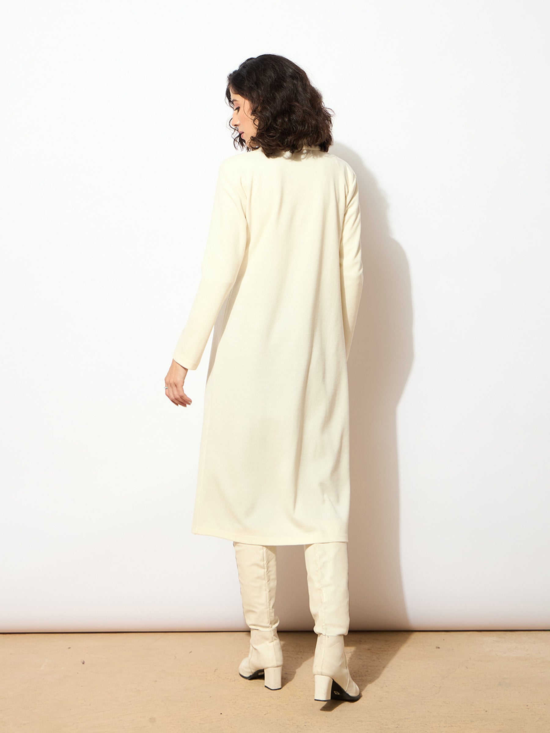 Off White Rib Front Open Longline Shrug-SASSAFRAS