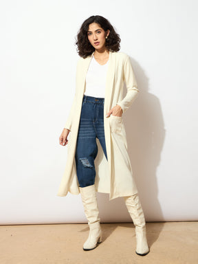 Off White Rib Front Open Longline Shrug-SASSAFRAS