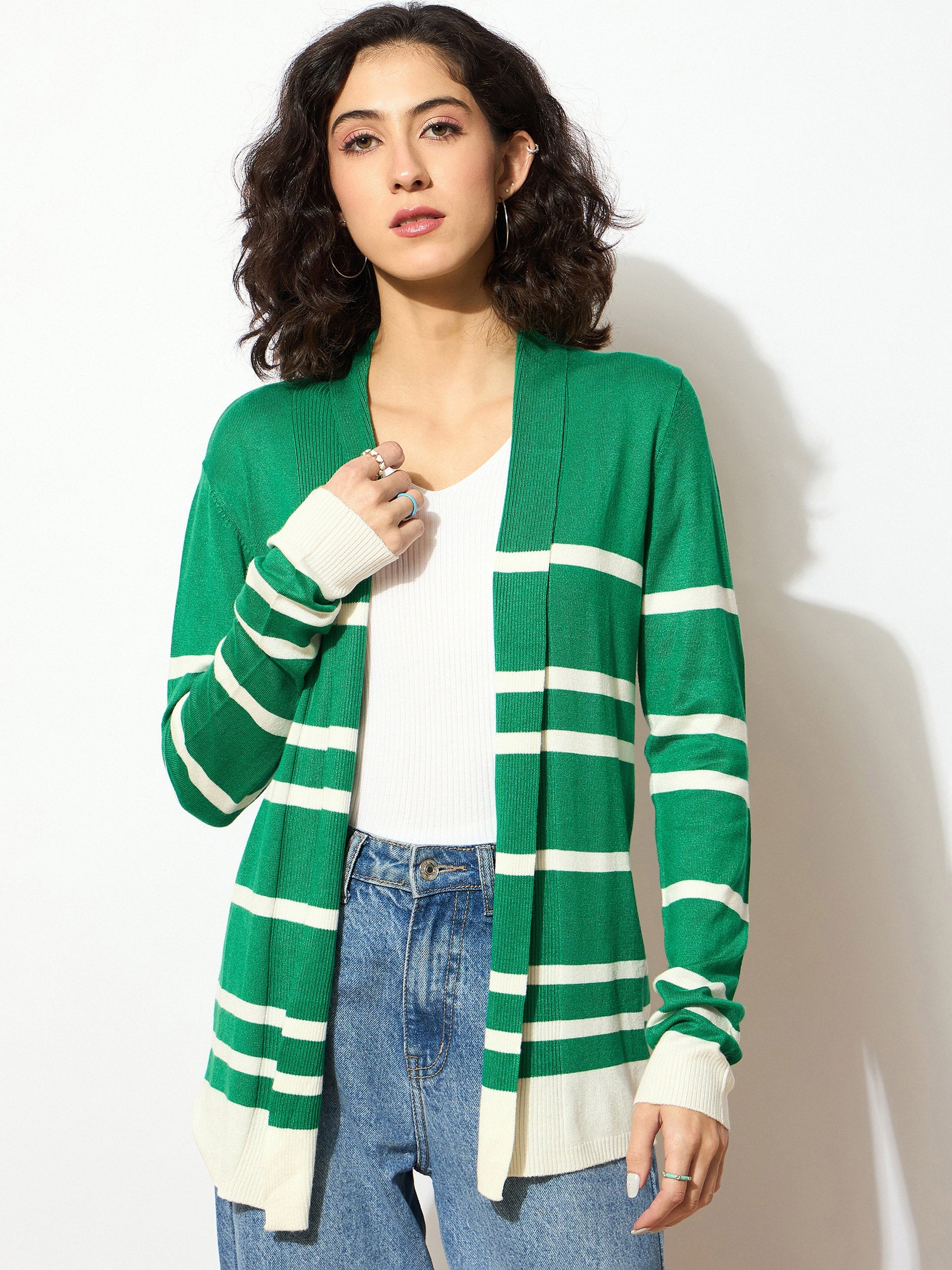 Green & White Striped Rib Front Open Shrug-SASSAFRAS