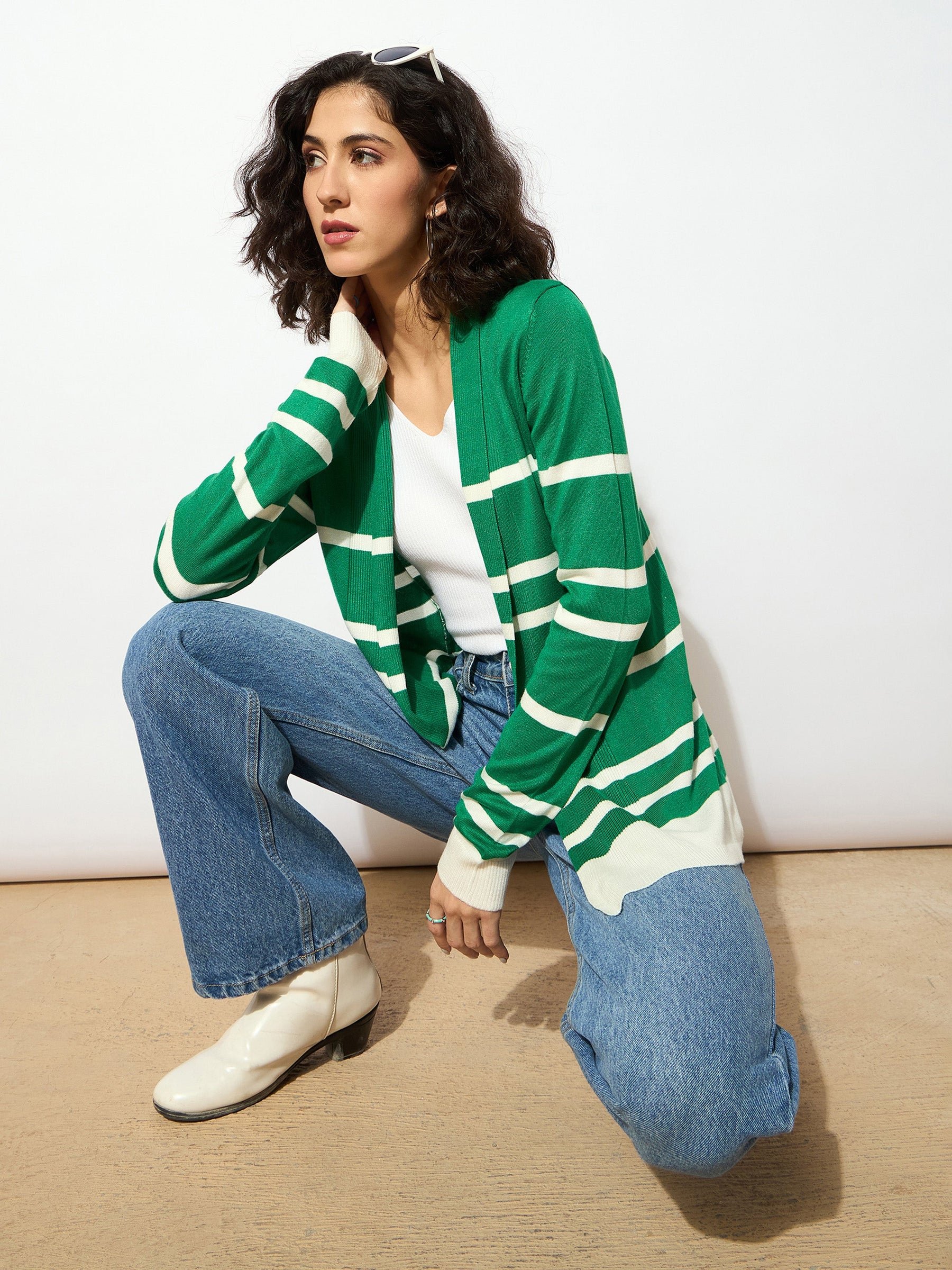 Green & White Striped Rib Front Open Shrug-SASSAFRAS