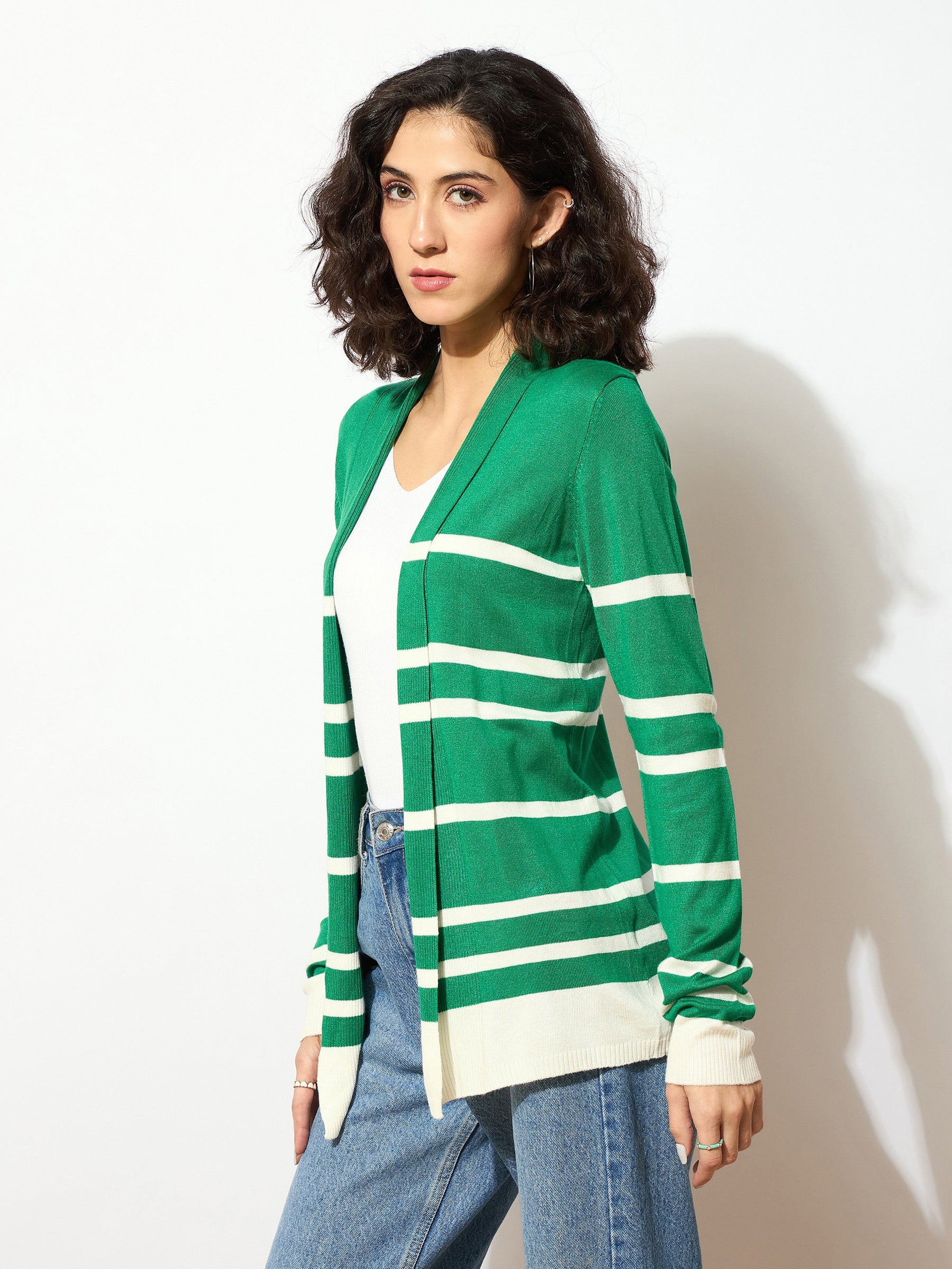 Green & White Striped Rib Front Open Shrug-SASSAFRAS