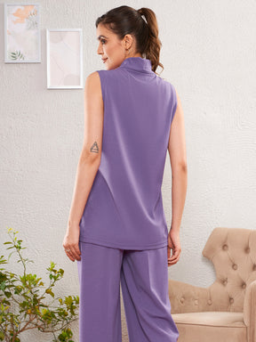 Women Lavender Double-Breast Sleeveless Longline Blazer