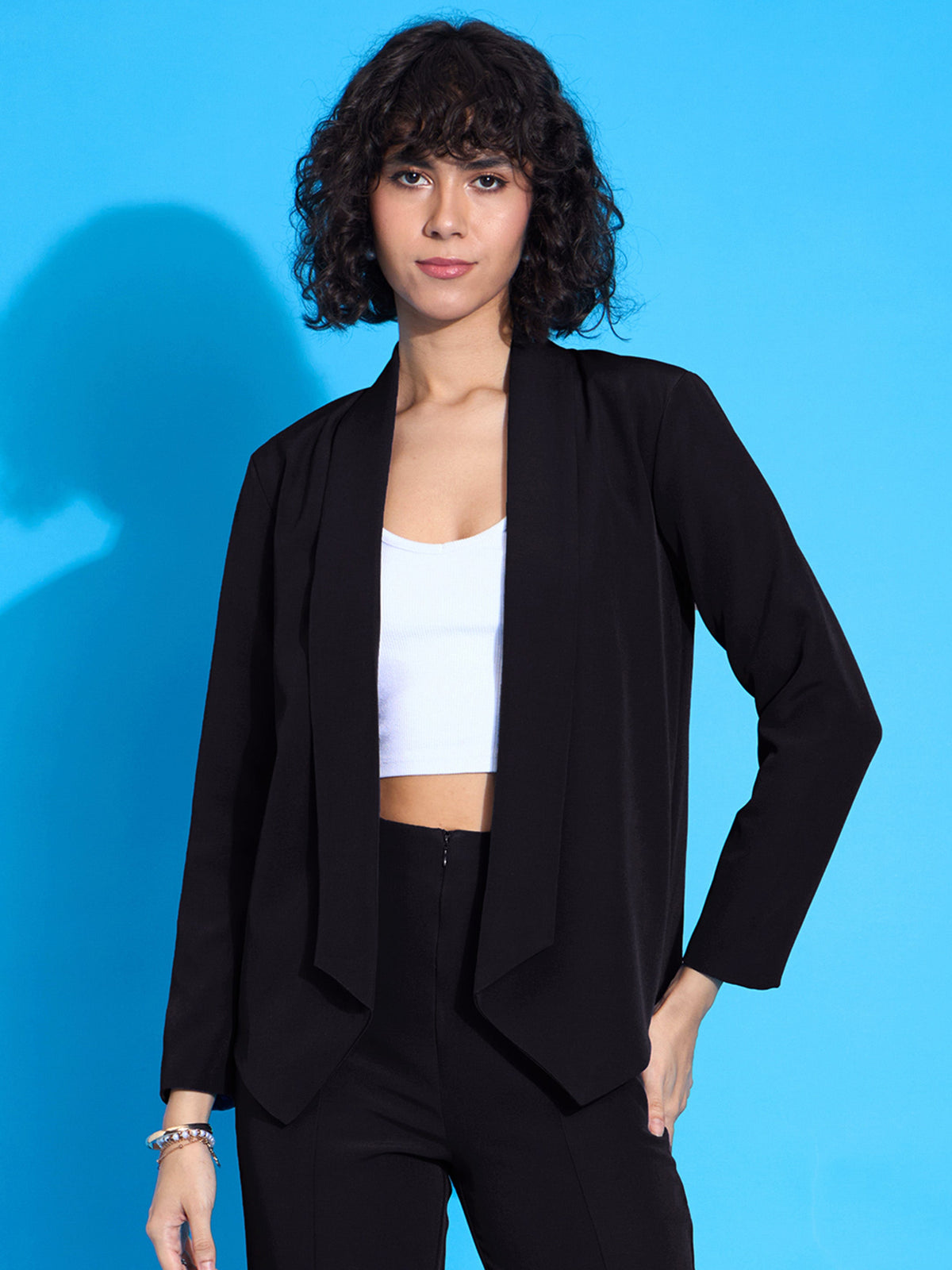 Black Shawl Collar Front Open Blazer-SASSAFRAS worklyf