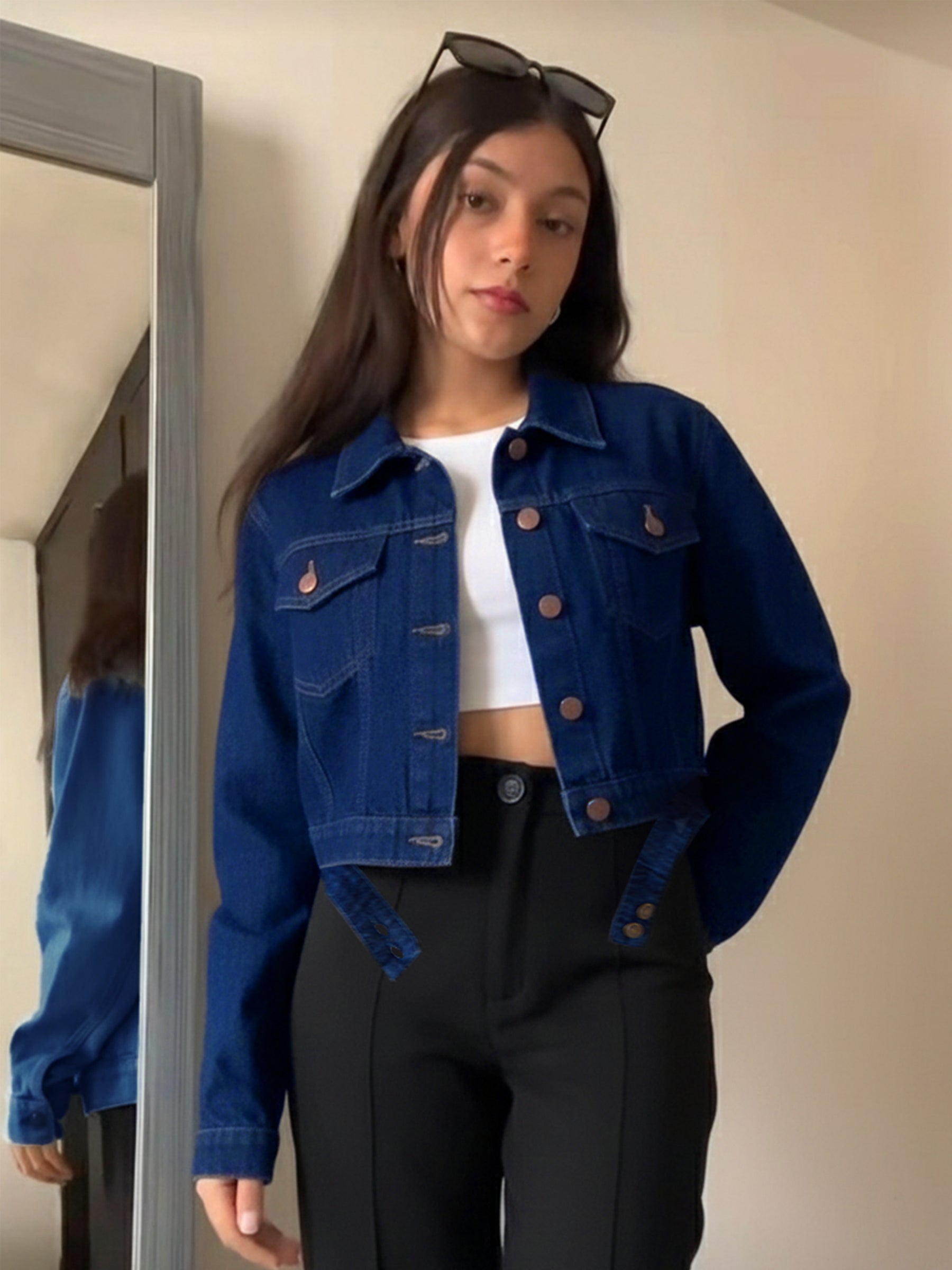 Women Blue Denim Belted Jacket