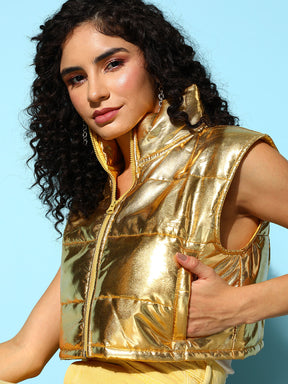 Gold Mettalic Sleeveless Puffer Crop Jacket-SASSAFRAS