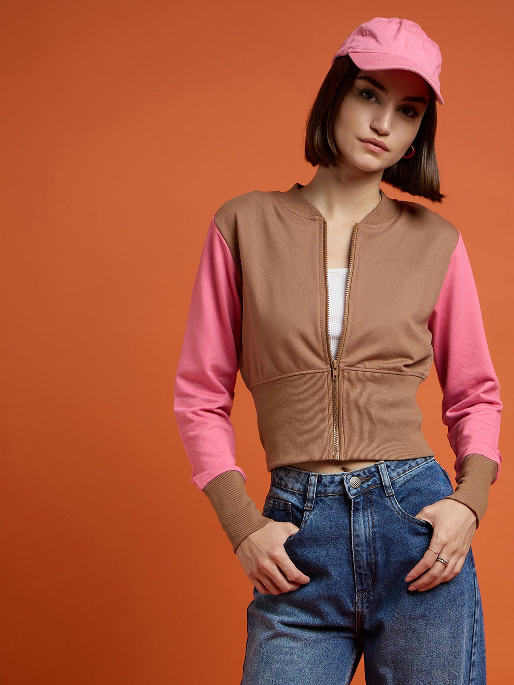 Brown WHO CARES Color Block Crop Jacket-SASSAFRAS